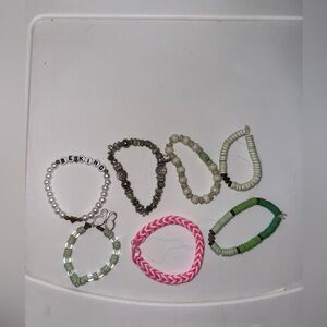 Beaded Bracelet Set - Green, Pink, White